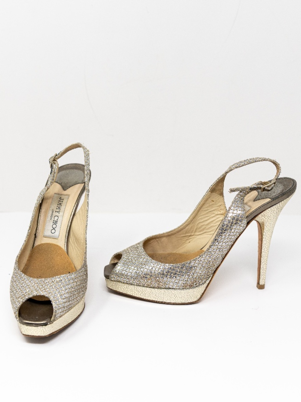 Jimmy Choo Clue Slingback Peep Toe Platform High Heels Shoes Champagne Gold 7.5